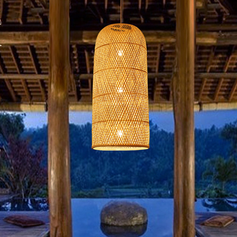 Bell/Bowl/Bottle Hallway Drop Pendant Criss-Cross Woven Bamboo Single-Bulb Asian Hanging Lamp in Beige Clearhalo 'Ceiling Lights' 'Modern Pendants' 'Modern' 'Pendant Lights' 'Pendants' Lighting' 1958494