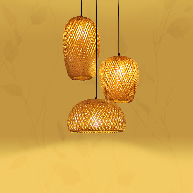 Asia 1/3-Bulb Suspension Light Beige Mixed Shape/Ellipse/Droplet Hanging Pendant with Bamboo Shade, 10"/12"/14" Width Clearhalo 'Ceiling Lights' 'Modern Pendants' 'Modern' 'Pendant Lights' 'Pendants' Lighting' 1958517