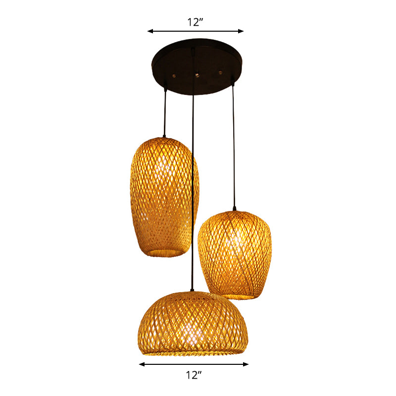 Asia 1/3-Bulb Suspension Light Beige Mixed Shape/Ellipse/Droplet Hanging Pendant with Bamboo Shade, 10"/12"/14" Width Clearhalo 'Ceiling Lights' 'Modern Pendants' 'Modern' 'Pendant Lights' 'Pendants' Lighting' 1958518