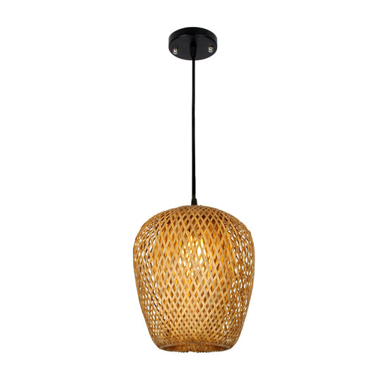Asia 1/3-Bulb Suspension Light Beige Mixed Shape/Ellipse/Droplet Hanging Pendant with Bamboo Shade, 10"/12"/14" Width 1 Beige 10" Clearhalo 'Ceiling Lights' 'Modern Pendants' 'Modern' 'Pendant Lights' 'Pendants' Lighting' 1958519