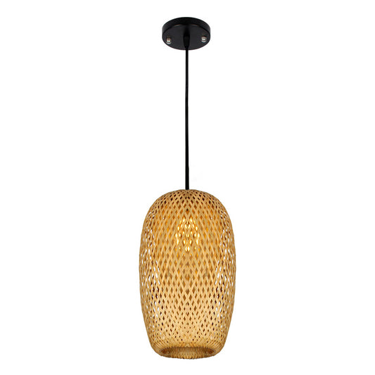 Asia 1/3-Bulb Suspension Light Beige Mixed Shape/Ellipse/Droplet Hanging Pendant with Bamboo Shade, 10"/12"/14" Width 1 Beige 14" Clearhalo 'Ceiling Lights' 'Modern Pendants' 'Modern' 'Pendant Lights' 'Pendants' Lighting' 1958521
