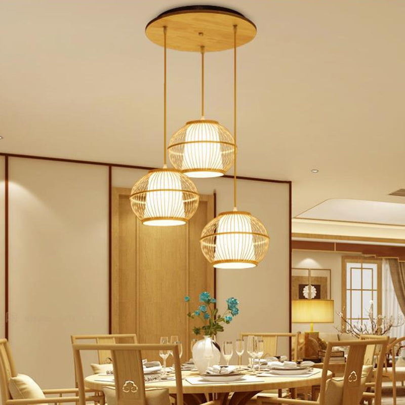Spherical Bamboo Hanging Lamp Asian 1 Light 10"/14"/18" Wide Beige Suspended Lighting Fixture with Interior Shade Beige Clearhalo 'Ceiling Lights' 'Modern Pendants' 'Modern' 'Pendant Lights' 'Pendants' Lighting' 1958537