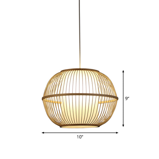 Spherical Bamboo Hanging Lamp Asian 1 Light 10"/14"/18" Wide Beige Suspended Lighting Fixture with Interior Shade Clearhalo 'Ceiling Lights' 'Modern Pendants' 'Modern' 'Pendant Lights' 'Pendants' Lighting' 1958540