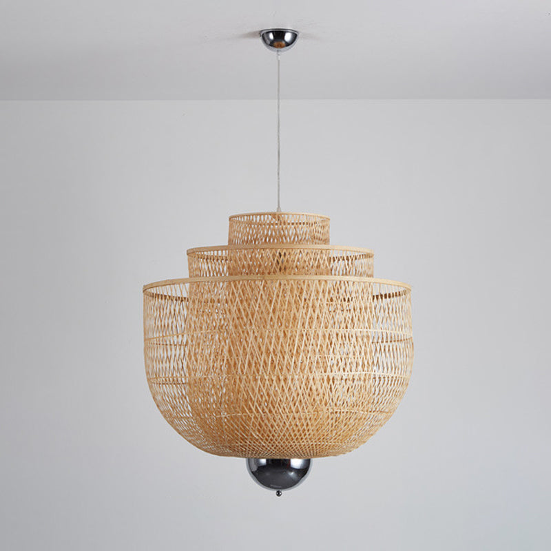 Inverted 3-Layer Bamboo Pendant Lamp Modern 1-Light Beige Suspended Lighting Fixture for Restaurant, 18"/23.5"/31.5" W Clearhalo 'Ceiling Lights' 'Modern Pendants' 'Modern' 'Pendant Lights' 'Pendants' Lighting' 1958578