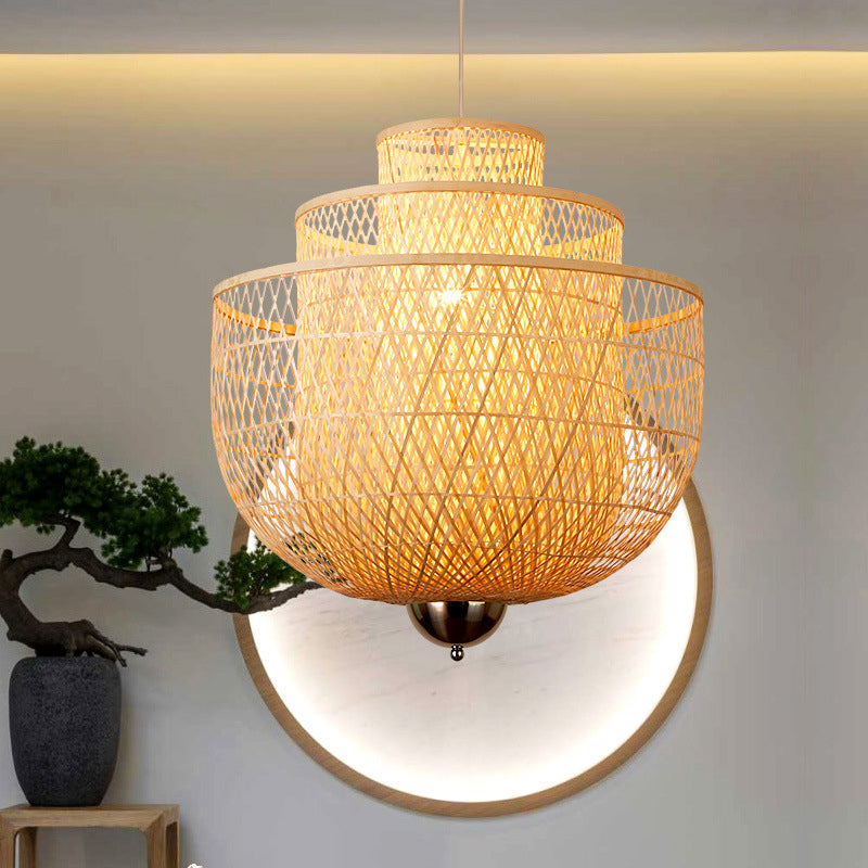 Inverted 3-Layer Bamboo Pendant Lamp Modern 1-Light Beige Suspended Lighting Fixture for Restaurant, 18"/23.5"/31.5" W Beige 23.5" Clearhalo 'Ceiling Lights' 'Modern Pendants' 'Modern' 'Pendant Lights' 'Pendants' Lighting' 1958582