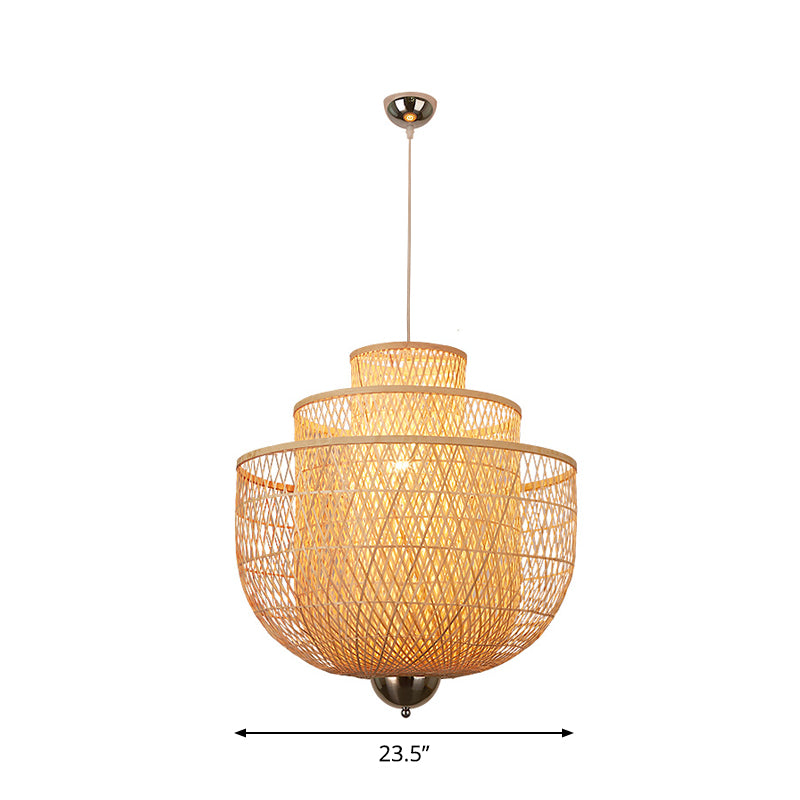 Inverted 3-Layer Bamboo Pendant Lamp Modern 1-Light Beige Suspended Lighting Fixture for Restaurant, 18"/23.5"/31.5" W Clearhalo 'Ceiling Lights' 'Modern Pendants' 'Modern' 'Pendant Lights' 'Pendants' Lighting' 1958586