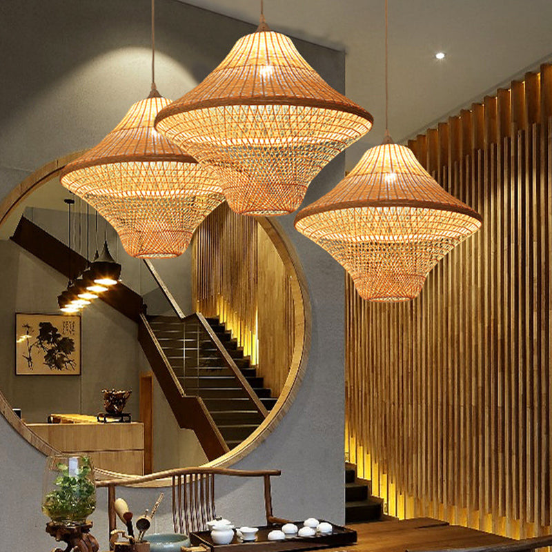 Beige Diamond/Bell/Onion Drop Pendant Asian Style 1 Bulb Bamboo Hanging Light Fixture for Tearoom Clearhalo 'Ceiling Lights' 'Modern Pendants' 'Modern' 'Pendant Lights' 'Pendants' Lighting' 1958590