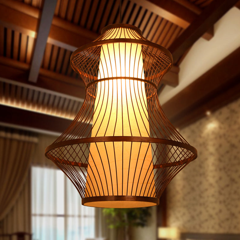 16"/19.5"/23.5" W 1-Bulb Bistro Pendant Light Asian Brown Hanging Light Kit with Urn Bamboo Shade Clearhalo 'Ceiling Lights' 'Modern Pendants' 'Modern' 'Pendant Lights' 'Pendants' Lighting' 1958628