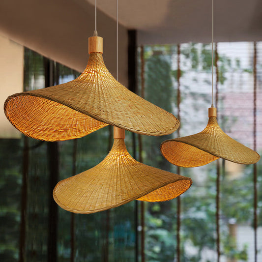 Bamboo Braided Hat Suspension Lamp Asian Style 1-Light Beige Hanging Pendant Light over Table, 19.5"/23.5" W Beige Clearhalo 'Ceiling Lights' 'Modern Pendants' 'Modern' 'Pendant Lights' 'Pendants' Lighting' 1958648