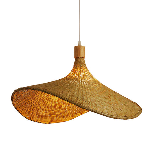Bamboo Braided Hat Suspension Lamp Asian Style 1-Light Beige Hanging Pendant Light over Table, 19.5"/23.5" W Clearhalo 'Ceiling Lights' 'Modern Pendants' 'Modern' 'Pendant Lights' 'Pendants' Lighting' 1958652
