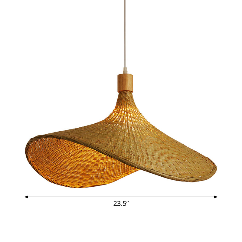 Bamboo Braided Hat Suspension Lamp Asian Style 1-Light Beige Hanging Pendant Light over Table, 19.5"/23.5" W Clearhalo 'Ceiling Lights' 'Modern Pendants' 'Modern' 'Pendant Lights' 'Pendants' Lighting' 1958654