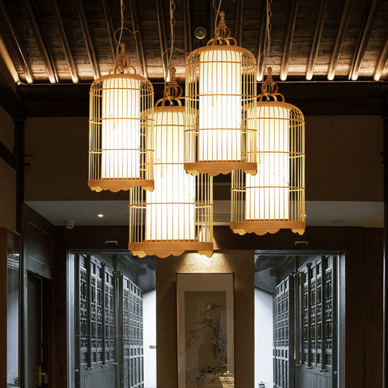 Birdcage Dining Room Ceiling Light Bamboo 9.5"/14"/16" Wide 1-Light Asian Pendant Light Fixture in Beige Beige Clearhalo 'Ceiling Lights' 'Modern Pendants' 'Modern' 'Pendant Lights' 'Pendants' Lighting' 1958668