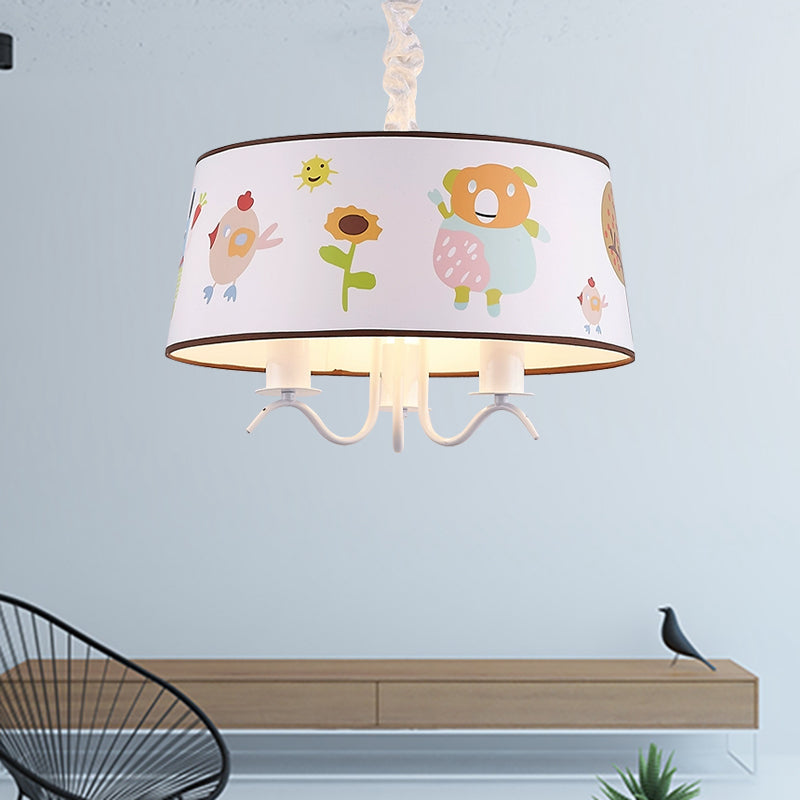 Fabric Drum Chandelier with Cute Animal Kindergarten Kids Pendant Light in White 3 White Clearhalo 'Ceiling Lights' 'Chandeliers' Lighting' options 195866_7cc3d954-1fd2-4f76-b638-bc6f59d39b1d