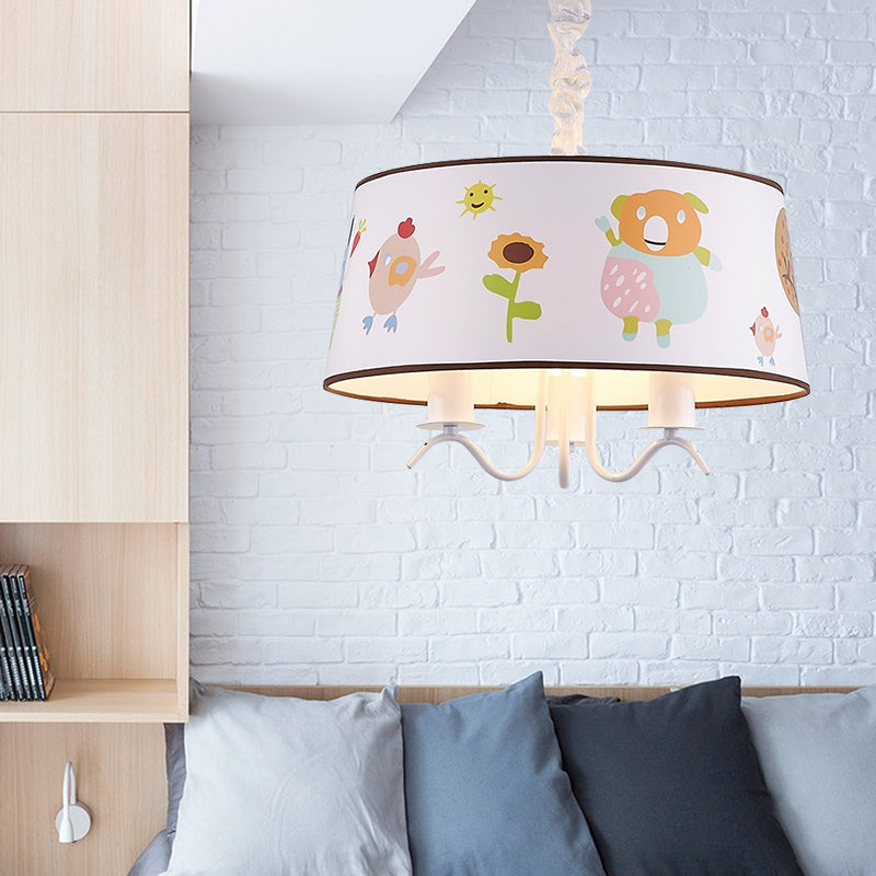 Fabric Drum Chandelier with Cute Animal Kindergarten Kids Pendant Light in White Clearhalo 'Ceiling Lights' 'Chandeliers' Lighting' options 195867