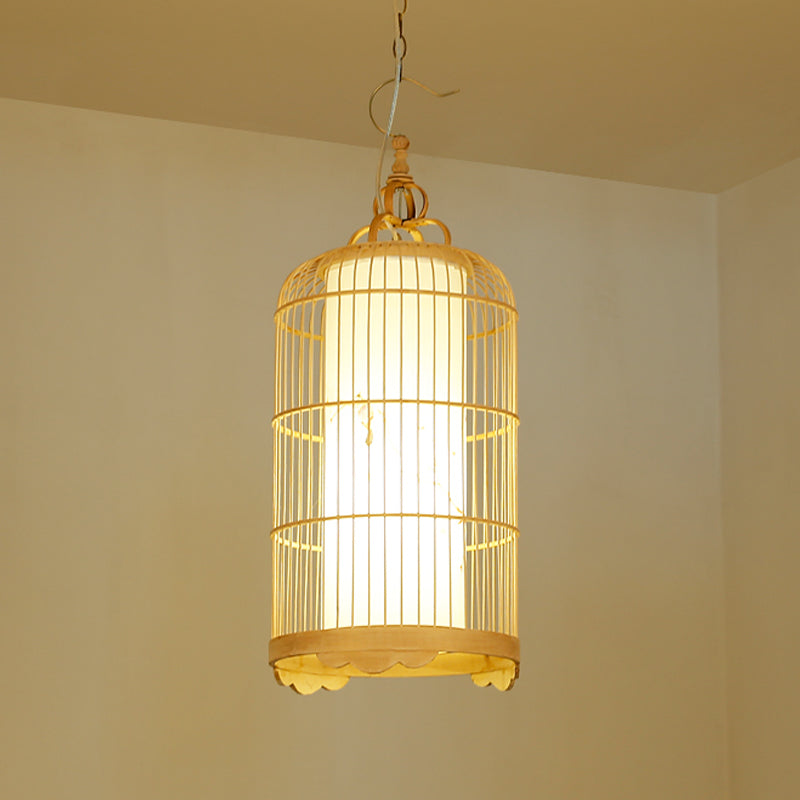 Birdcage Dining Room Ceiling Light Bamboo 9.5"/14"/16" Wide 1-Light Asian Pendant Light Fixture in Beige Clearhalo 'Ceiling Lights' 'Modern Pendants' 'Modern' 'Pendant Lights' 'Pendants' Lighting' 1958671