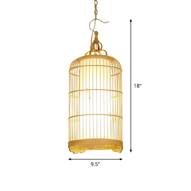 Birdcage Dining Room Ceiling Light Bamboo 9.5"/14"/16" Wide 1-Light Asian Pendant Light Fixture in Beige Clearhalo 'Ceiling Lights' 'Modern Pendants' 'Modern' 'Pendant Lights' 'Pendants' Lighting' 1958673