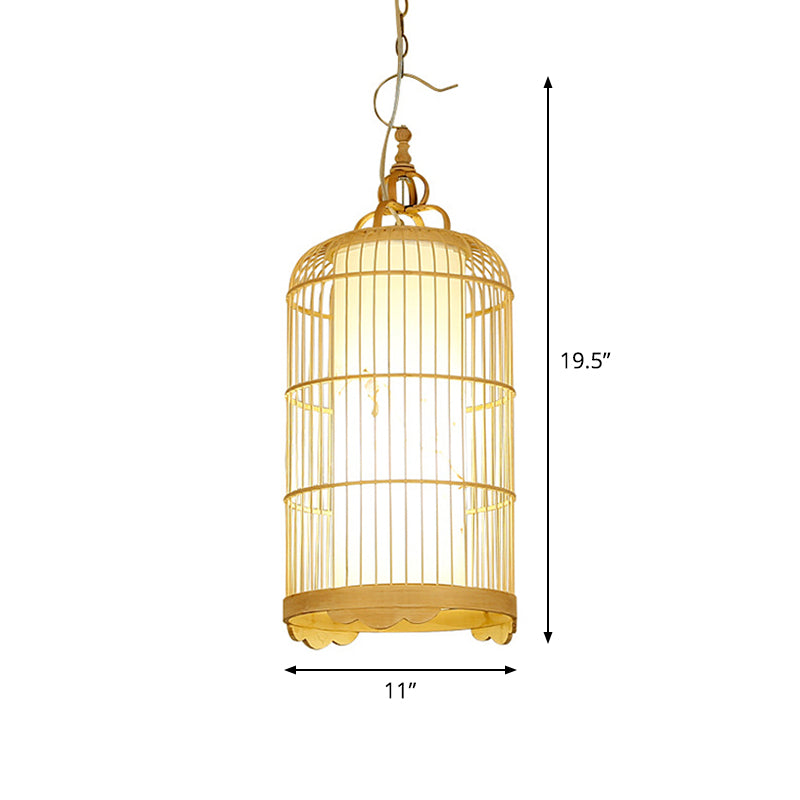 Birdcage Dining Room Ceiling Light Bamboo 9.5"/14"/16" Wide 1-Light Asian Pendant Light Fixture in Beige Clearhalo 'Ceiling Lights' 'Modern Pendants' 'Modern' 'Pendant Lights' 'Pendants' Lighting' 1958674