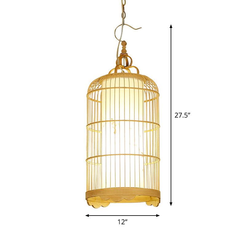 Birdcage Dining Room Ceiling Light Bamboo 9.5"/14"/16" Wide 1-Light Asian Pendant Light Fixture in Beige Clearhalo 'Ceiling Lights' 'Modern Pendants' 'Modern' 'Pendant Lights' 'Pendants' Lighting' 1958675