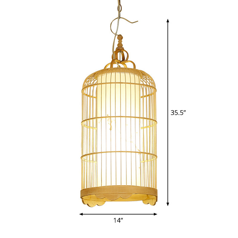 Birdcage Dining Room Ceiling Light Bamboo 9.5"/14"/16" Wide 1-Light Asian Pendant Light Fixture in Beige Clearhalo 'Ceiling Lights' 'Modern Pendants' 'Modern' 'Pendant Lights' 'Pendants' Lighting' 1958676