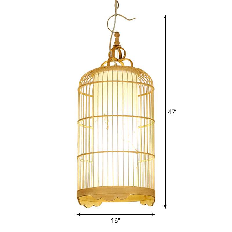 Birdcage Dining Room Ceiling Light Bamboo 9.5"/14"/16" Wide 1-Light Asian Pendant Light Fixture in Beige Clearhalo 'Ceiling Lights' 'Modern Pendants' 'Modern' 'Pendant Lights' 'Pendants' Lighting' 1958677