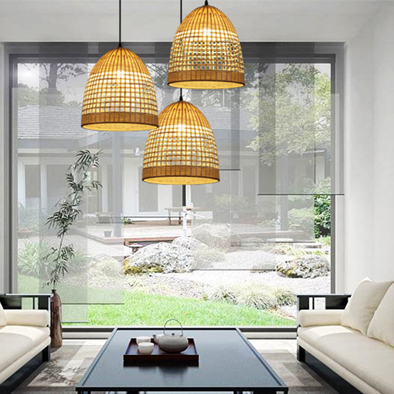 Hand-Twisted Bell Ceiling Pendant Chinese Bamboo Single Living Room Hanging Lamp in Beige, 16"/19.5" Width Beige Clearhalo 'Ceiling Lights' 'Modern Pendants' 'Modern' 'Pendant Lights' 'Pendants' Lighting' 1958693