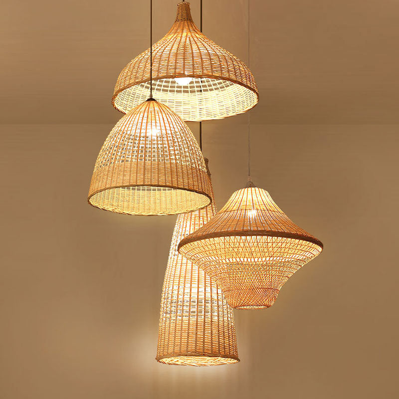 Chinese Gourd/Basket Shaped Drop Pendant Bamboo Woven Single-Bulb Dining Room Suspension Lamp in Beige Clearhalo 'Ceiling Lights' 'Modern Pendants' 'Modern' 'Pendant Lights' 'Pendants' Lighting' 1958705