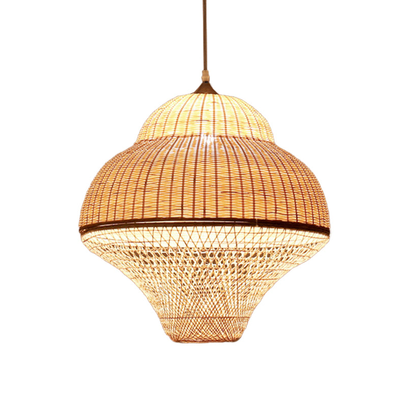 Chinese Gourd/Basket Shaped Drop Pendant Bamboo Woven Single-Bulb Dining Room Suspension Lamp in Beige Clearhalo 'Ceiling Lights' 'Modern Pendants' 'Modern' 'Pendant Lights' 'Pendants' Lighting' 1958707