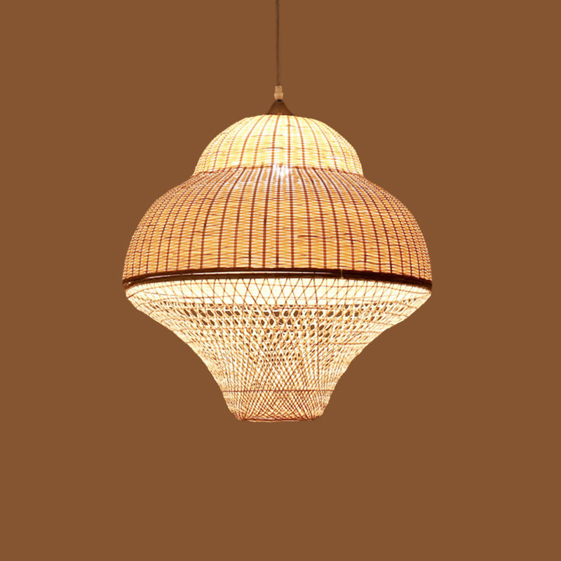 Chinese Gourd/Basket Shaped Drop Pendant Bamboo Woven Single-Bulb Dining Room Suspension Lamp in Beige Clearhalo 'Ceiling Lights' 'Modern Pendants' 'Modern' 'Pendant Lights' 'Pendants' Lighting' 1958708