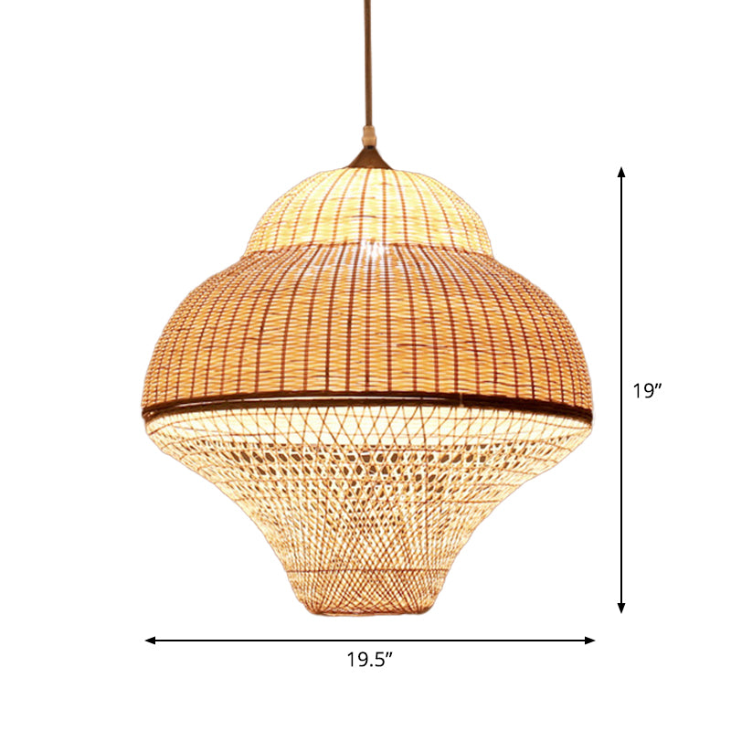 Chinese Gourd/Basket Shaped Drop Pendant Bamboo Woven Single-Bulb Dining Room Suspension Lamp in Beige Clearhalo 'Ceiling Lights' 'Modern Pendants' 'Modern' 'Pendant Lights' 'Pendants' Lighting' 1958709