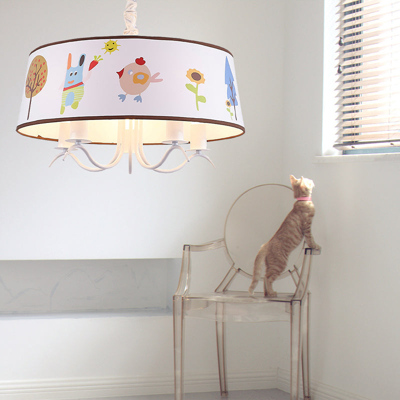 Fabric Drum Chandelier with Cute Animal Kindergarten Kids Pendant Light in White 5 White Clearhalo 'Ceiling Lights' 'Chandeliers' Lighting' options 195870_79cf9bd9-0940-4941-be5f-2ca5fce68247