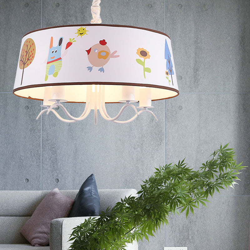 Fabric Drum Chandelier with Cute Animal Kindergarten Kids Pendant Light in White Clearhalo 'Ceiling Lights' 'Chandeliers' Lighting' options 195871