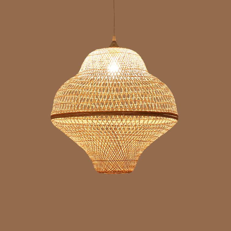 Chinese Gourd/Basket Shaped Drop Pendant Bamboo Woven Single-Bulb Dining Room Suspension Lamp in Beige Clearhalo 'Ceiling Lights' 'Modern Pendants' 'Modern' 'Pendant Lights' 'Pendants' Lighting' 1958717