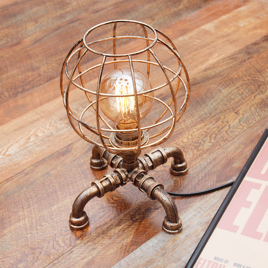 Metal Ball Cage Table Lamp with Pipe-Like Base Industrial Style 1 Bulb Bedroom Mini Table Light in Antique Bronze Antique Bronze Clearhalo 'Lamps' 'Table Lamps' Lighting' 195913