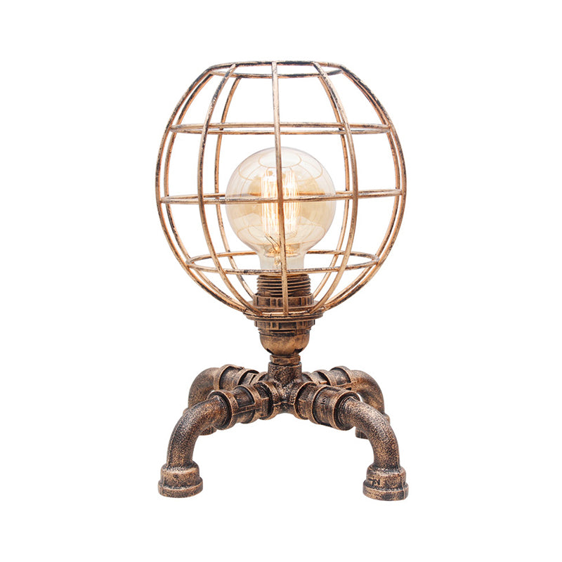 Metal Ball Cage Table Lamp with Pipe-Like Base Industrial Style 1 Bulb Bedroom Mini Table Light in Antique Bronze Clearhalo 'Lamps' 'Table Lamps' Lighting' 195915