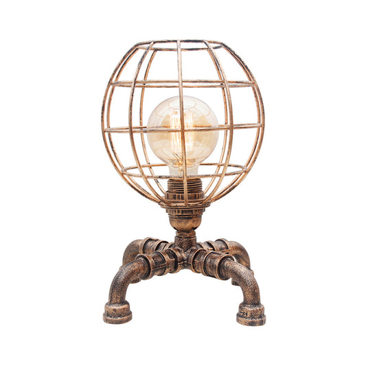 Metal Ball Cage Table Lamp with Pipe-Like Base Industrial Style 1 Bulb Bedroom Mini Table Light in Antique Bronze Clearhalo 'Lamps' 'Table Lamps' Lighting' 195915