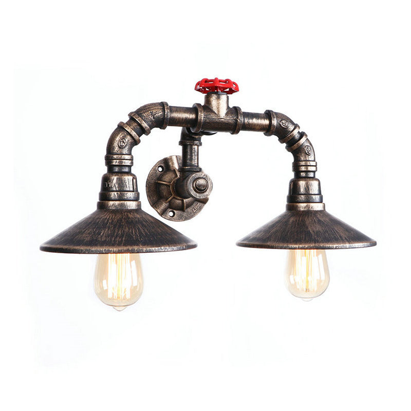 Conical Farmhouse Wall Light Fixture with Pipe and Valve Industrial Rustic Iron 2 Lights Weathered Bronze Sconce Light Clearhalo 'Art deco wall lights' 'Cast Iron' 'Glass' 'Industrial wall lights' 'Industrial' 'Middle century wall lights' 'Modern' 'Rustic wall lights' 'Tiffany' 'Traditional wall lights' 'Wall Lamps & Sconces' 'Wall Lights' Lighting' 195920