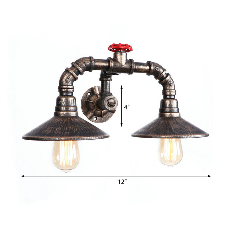 Conical Farmhouse Wall Light Fixture with Pipe and Valve Industrial Rustic Iron 2 Lights Weathered Bronze Sconce Light Clearhalo 'Art deco wall lights' 'Cast Iron' 'Glass' 'Industrial wall lights' 'Industrial' 'Middle century wall lights' 'Modern' 'Rustic wall lights' 'Tiffany' 'Traditional wall lights' 'Wall Lamps & Sconces' 'Wall Lights' Lighting' 195921