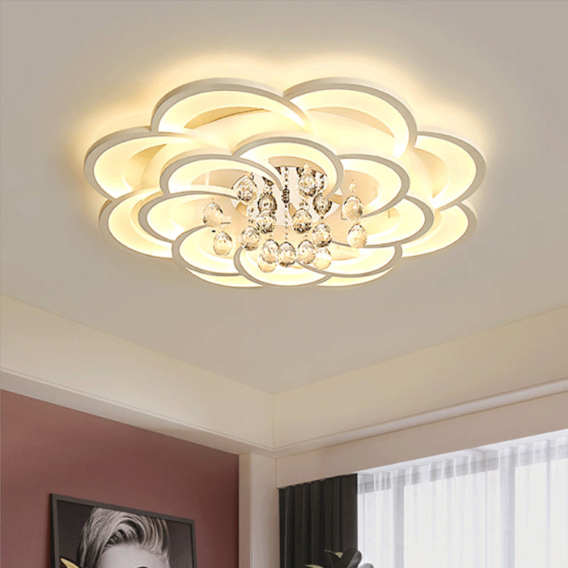 Floral Girls Bedroom Flush Ceiling Light Acrylic Modern LED Semi Mount Lighting in White with Crystal Ball Drop, 20.5"/31.5"/47" W White 31.5" Clearhalo 'Ceiling Lights' 'Close To Ceiling Lights' 'Close to ceiling' 'Flush mount' Lighting' 1959309