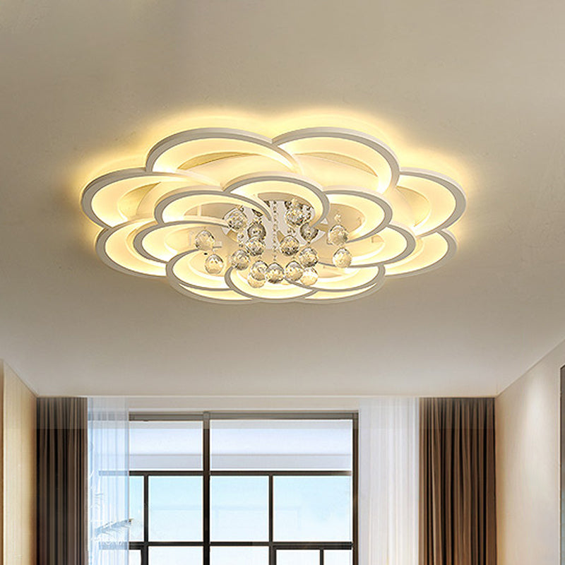 Floral Girls Bedroom Flush Ceiling Light Acrylic Modern LED Semi Mount Lighting in White with Crystal Ball Drop, 20.5"/31.5"/47" W Clearhalo 'Ceiling Lights' 'Close To Ceiling Lights' 'Close to ceiling' 'Flush mount' Lighting' 1959311