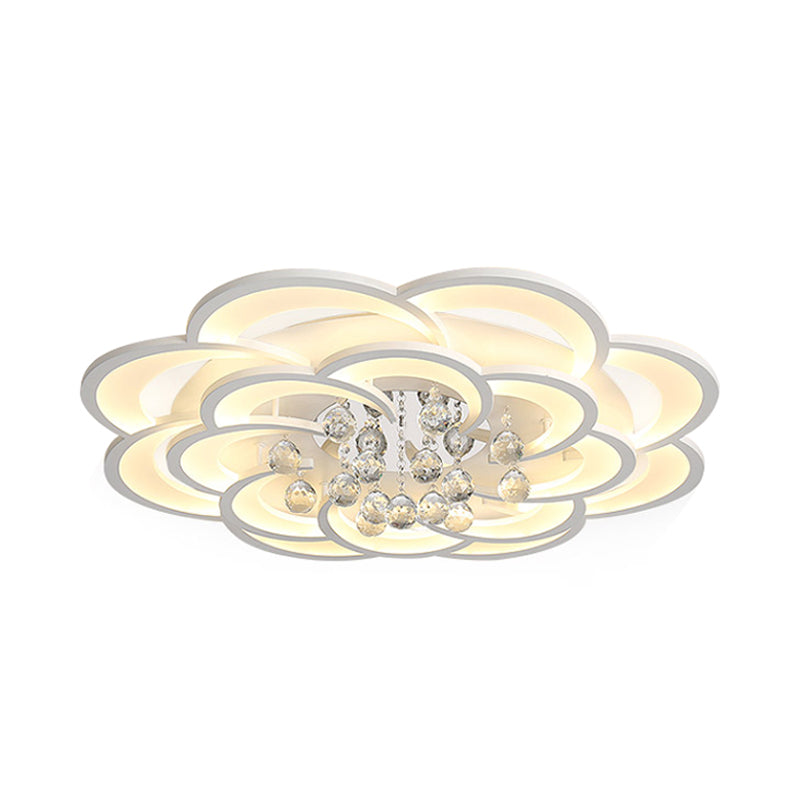 Floral Girls Bedroom Flush Ceiling Light Acrylic Modern LED Semi Mount Lighting in White with Crystal Ball Drop, 20.5"/31.5"/47" W Clearhalo 'Ceiling Lights' 'Close To Ceiling Lights' 'Close to ceiling' 'Flush mount' Lighting' 1959312