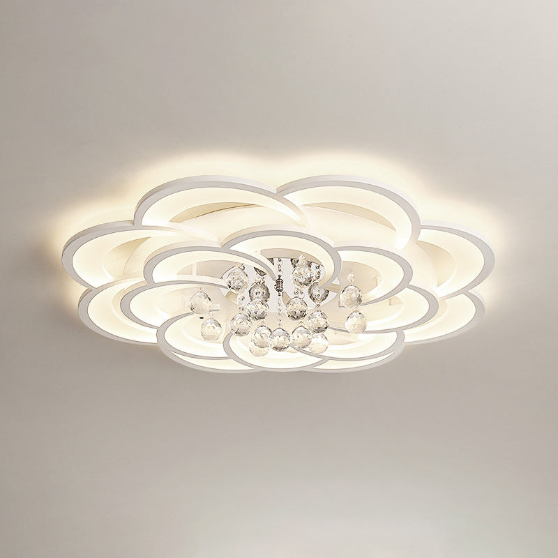 Floral Girls Bedroom Flush Ceiling Light Acrylic Modern LED Semi Mount Lighting in White with Crystal Ball Drop, 20.5"/31.5"/47" W Clearhalo 'Ceiling Lights' 'Close To Ceiling Lights' 'Close to ceiling' 'Flush mount' Lighting' 1959313