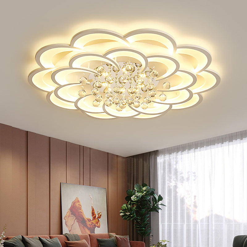 Floral Girls Bedroom Flush Ceiling Light Acrylic Modern LED Semi Mount Lighting in White with Crystal Ball Drop, 20.5"/31.5"/47" W White 39" Clearhalo 'Ceiling Lights' 'Close To Ceiling Lights' 'Close to ceiling' 'Flush mount' Lighting' 1959315