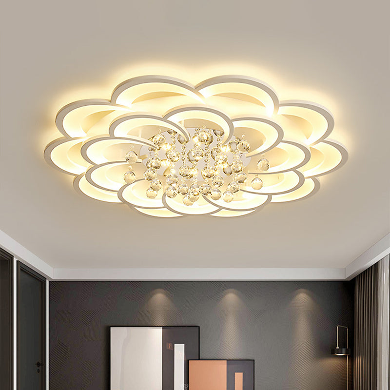 Floral Girls Bedroom Flush Ceiling Light Acrylic Modern LED Semi Mount Lighting in White with Crystal Ball Drop, 20.5"/31.5"/47" W Clearhalo 'Ceiling Lights' 'Close To Ceiling Lights' 'Close to ceiling' 'Flush mount' Lighting' 1959316