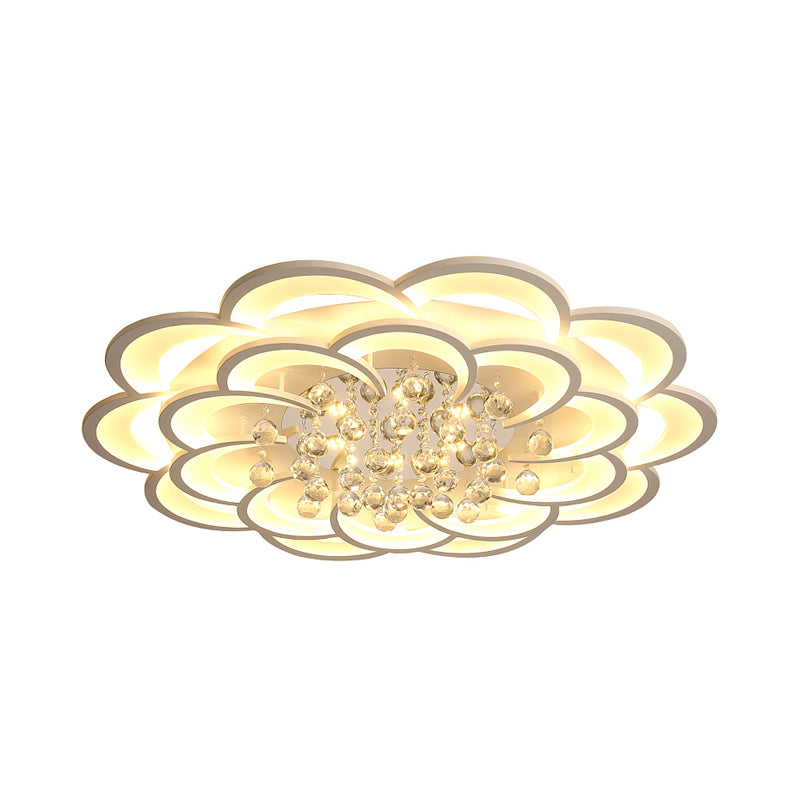 Floral Girls Bedroom Flush Ceiling Light Acrylic Modern LED Semi Mount Lighting in White with Crystal Ball Drop, 20.5"/31.5"/47" W Clearhalo 'Ceiling Lights' 'Close To Ceiling Lights' 'Close to ceiling' 'Flush mount' Lighting' 1959318