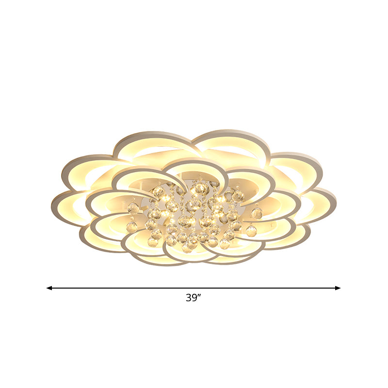 Floral Girls Bedroom Flush Ceiling Light Acrylic Modern LED Semi Mount Lighting in White with Crystal Ball Drop, 20.5"/31.5"/47" W Clearhalo 'Ceiling Lights' 'Close To Ceiling Lights' 'Close to ceiling' 'Flush mount' Lighting' 1959319