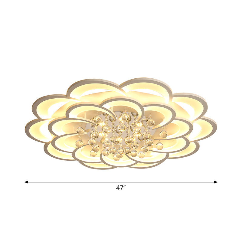 Floral Girls Bedroom Flush Ceiling Light Acrylic Modern LED Semi Mount Lighting in White with Crystal Ball Drop, 20.5"/31.5"/47" W Clearhalo 'Ceiling Lights' 'Close To Ceiling Lights' 'Close to ceiling' 'Flush mount' Lighting' 1959320