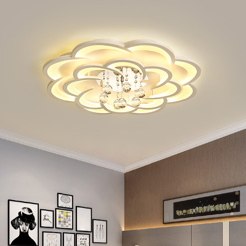 Floral Girls Bedroom Flush Ceiling Light Acrylic Modern LED Semi Mount Lighting in White with Crystal Ball Drop, 20.5"/31.5"/47" W White 27" Clearhalo 'Ceiling Lights' 'Close To Ceiling Lights' 'Close to ceiling' 'Flush mount' Lighting' 1959321