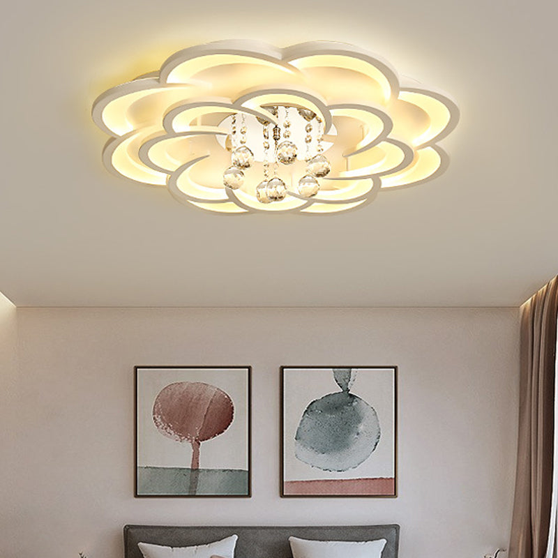 Floral Girls Bedroom Flush Ceiling Light Acrylic Modern LED Semi Mount Lighting in White with Crystal Ball Drop, 20.5"/31.5"/47" W Clearhalo 'Ceiling Lights' 'Close To Ceiling Lights' 'Close to ceiling' 'Flush mount' Lighting' 1959322