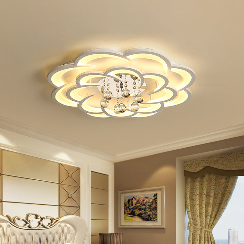 Floral Girls Bedroom Flush Ceiling Light Acrylic Modern LED Semi Mount Lighting in White with Crystal Ball Drop, 20.5"/31.5"/47" W Clearhalo 'Ceiling Lights' 'Close To Ceiling Lights' 'Close to ceiling' 'Flush mount' Lighting' 1959323