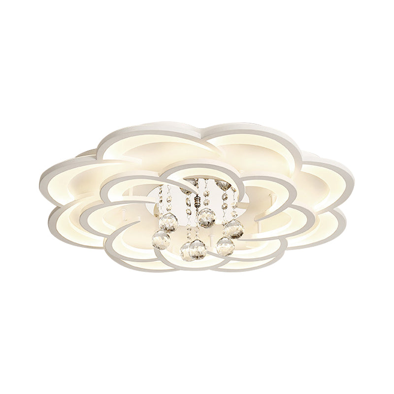 Floral Girls Bedroom Flush Ceiling Light Acrylic Modern LED Semi Mount Lighting in White with Crystal Ball Drop, 20.5"/31.5"/47" W Clearhalo 'Ceiling Lights' 'Close To Ceiling Lights' 'Close to ceiling' 'Flush mount' Lighting' 1959324